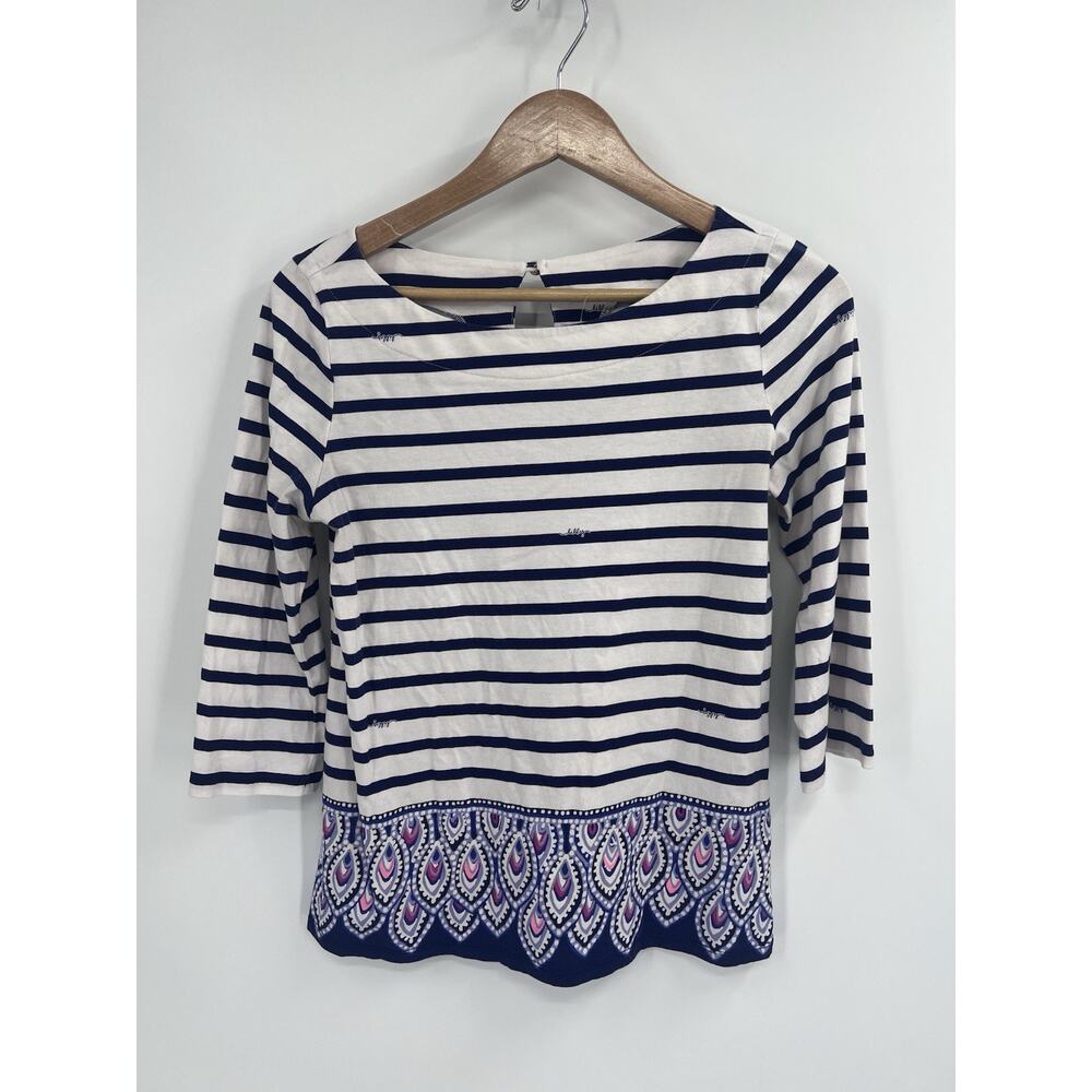Lilly Pulitzer Stripe Long Sleeve Cotton T Shirt M Peacock Feather Print Trim
